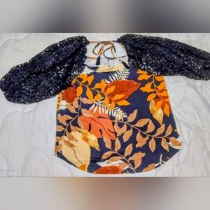 Cupio Women's Boho Floral Crochet Sleeves Tie Neck Lightweight Blouse Size XL